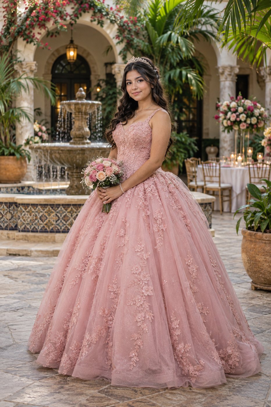 Retrato artístico de quinceañera con vestido rosa