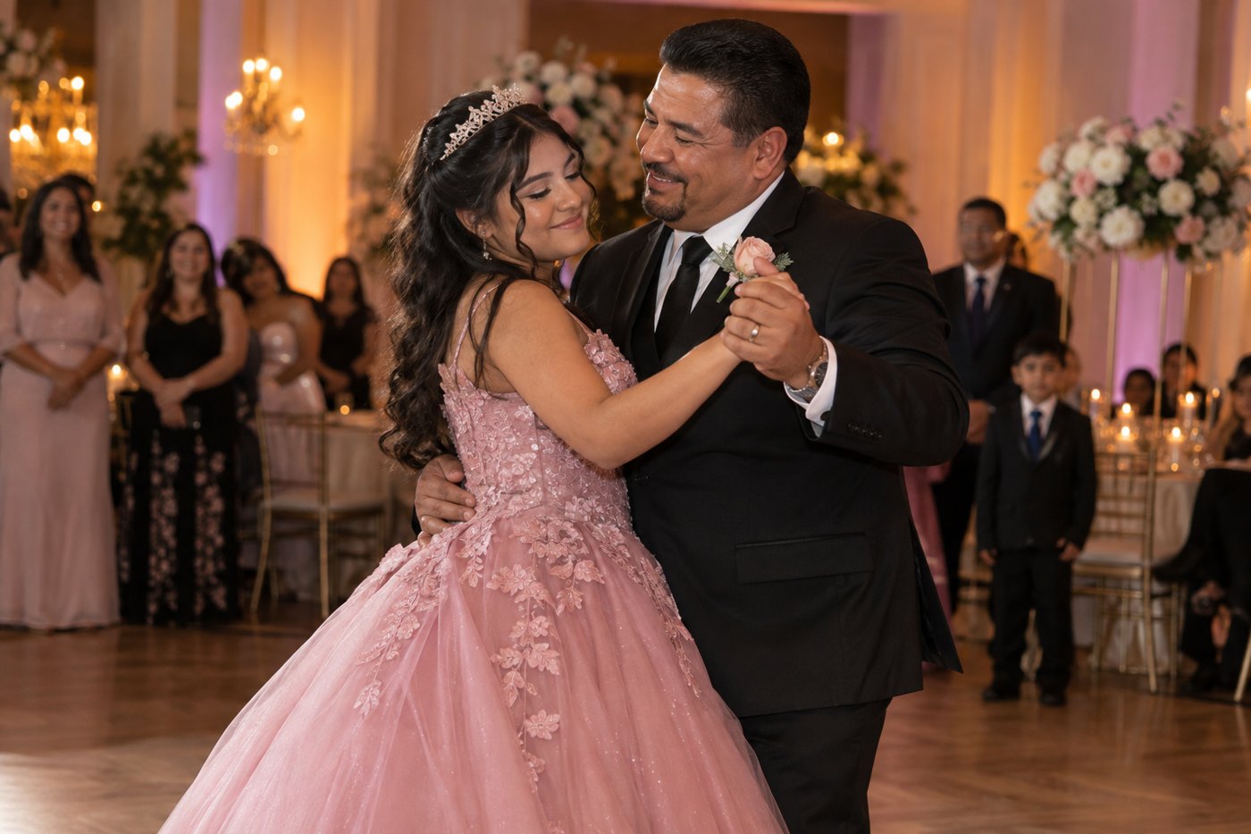 Escena de un baile de quinceañera con su papá durante una celebración familiar